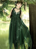 Mori Kei Fashion Lolita Dresses Forest Fairy Dark Green Elegant Dress Yarn Suspender Dress Elf JSK