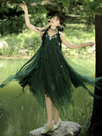 Mori Kei Fashion Lolita Dresses Forest Fairy Dark Green Elegant Dress Yarn Suspender Dress Elf JSK