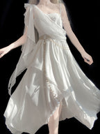 Mori Kei Fashion Lolita Grecian Inspire White Chiffon Dress with Asymmetric Drape