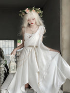 Mori Kei Fashion Lolita Grecian Inspire White Chiffon Dress with Asymmetric Drape