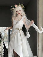 Mori Kei Fashion Lolita Grecian Inspire White Chiffon Dress with Asymmetric Drape