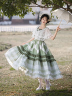 Mori Kei Fashion Pastoral Green Long Dress Elegant Suspender Lolita Dress One Piece Dress