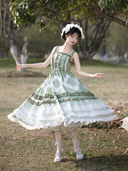 Mori Kei Fashion Pastoral Green Long Dress Elegant Suspender Lolita Dress One Piece Dress