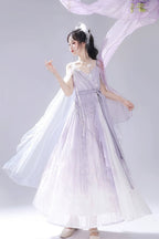 Mori Kei Fashion Prom Dress Dreamy Light Purple Lolita JSK Dress Lace Flowy Side Slit