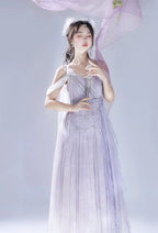 Mori Kei Fashion Prom Dress Dreamy Light Purple Lolita JSK Dress Lace Flowy Side Slit