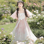 Mori Kei Fashion Qi Lolita Pink Light Floral Marriage Lolita Lace Sleeveless Strappy Dress