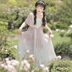 Mori Kei Fashion Qi Lolita Pink Light Floral Marriage Lolita Lace Sleeveless Strappy Dress