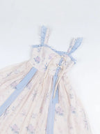 Mori Kei Fashion Sweet Floral Suspender Dress Elegant Classic Print Blue Lolita Dress