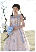 Mori Kei Fashion Sweet Floral Suspender Dress Elegant Classic Print Blue Lolita Dress
