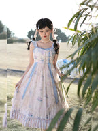 Mori Kei Fashion Sweet Floral Suspender Dress Elegant Classic Print Blue Lolita Dress