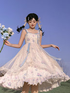 Mori Kei Fashion Sweet Floral Suspender Dress Elegant Classic Print Blue Lolita Dress