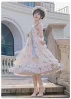Mori Kei Fashion Sweet Floral Suspender Dress Elegant Classic Print Blue Lolita Dress