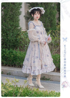 Mori Kei Fashion Sweet Floral Suspender Dress Elegant Classic Print Blue Lolita Dress