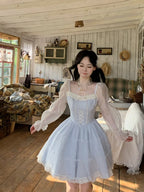 Mori Kei Fashion Sweet Lolita Princess Dress Blue-white Jacquard Chiffon Yarn Elegant French Dress Summer
