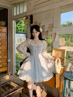 Mori Kei Fashion Sweet Lolita Princess Dress Blue-white Jacquard Chiffon Yarn Elegant French Dress Summer