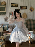 Mori Kei Fashion Sweet Lolita Princess Dress Blue-white Jacquard Chiffon Yarn Elegant French Dress Summer