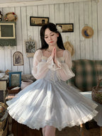 Mori Kei Fashion Sweet Lolita Princess Dress Blue-white Jacquard Chiffon Yarn Elegant French Dress Summer