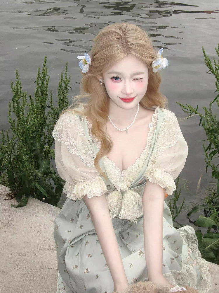 Mori Kei Lolita Light Green Floral OP Dress Vintage Cottagecore Style