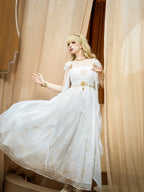 Mori Kei Fashion Elegant White Gown with Golden Celestial Motifs