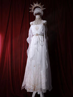Mori Kei Fashion Elegant White Gown with Golden Celestial Motifs
