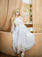 Mori Kei Fashion Elegant White Gown with Golden Celestial Motifs