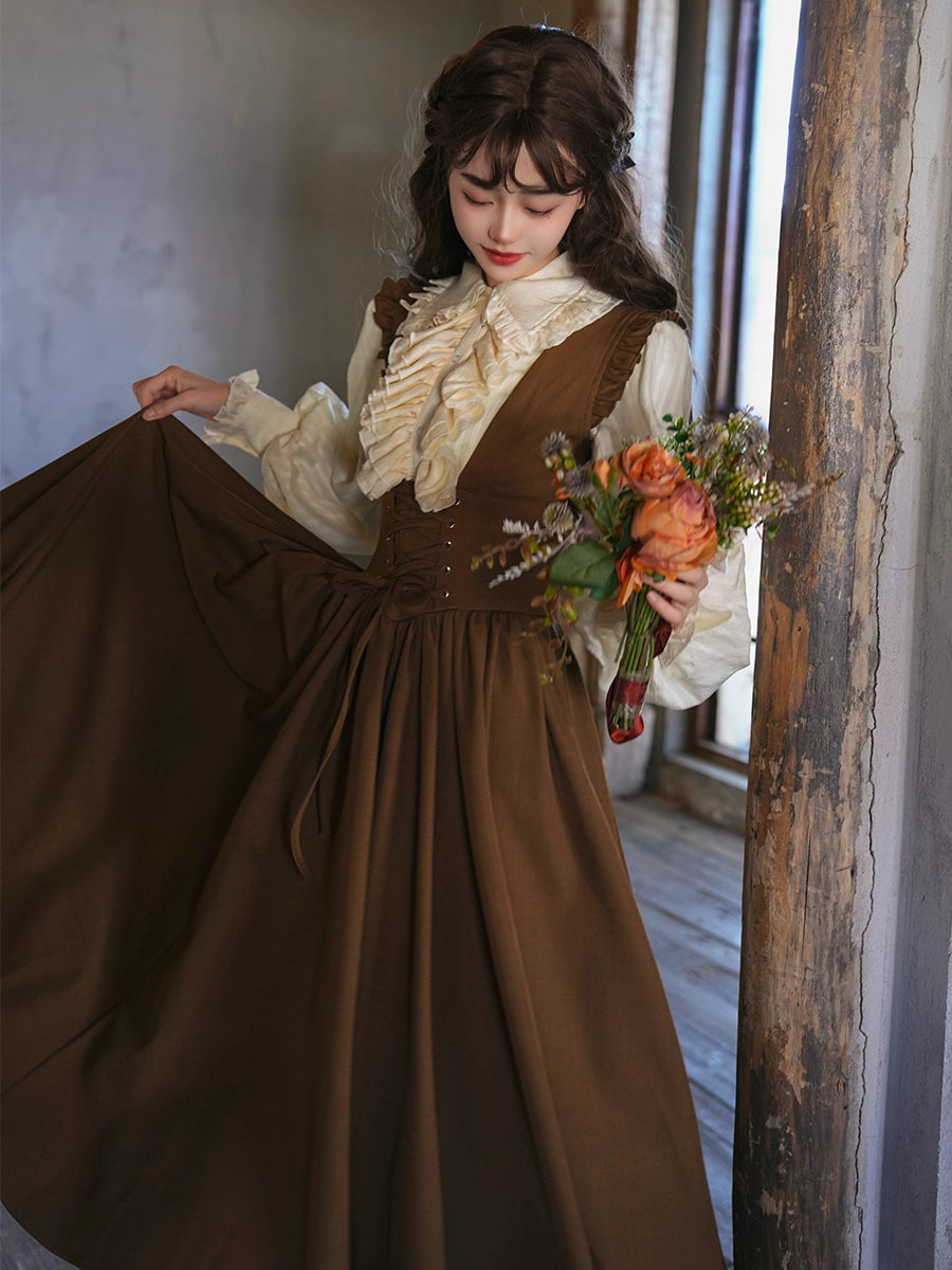 Inspired by a classic Bavarian dirndl, this dress captures the charming essence of a vintage French pastry. Crafted in a warm brown hue, it features a flattering corset-style bodice with a lace-up tie detail. The full, swingy A-line skirt offers a dramatic, playful movement, perfect for embracing the romantic and whimsical spirit of spring. This piece is for the woman who adores timeless, storybook elegance.