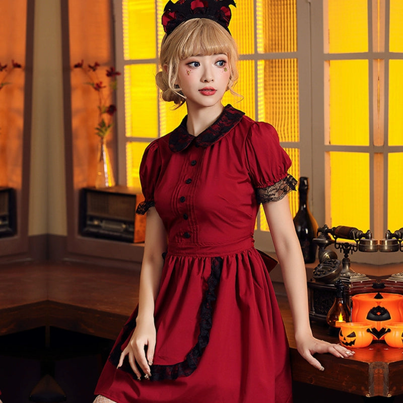 Gothic Lolita Halloween Red Black Gothic Castle Maid Dress for Women Sexy Slim Fit Cosplay Costume