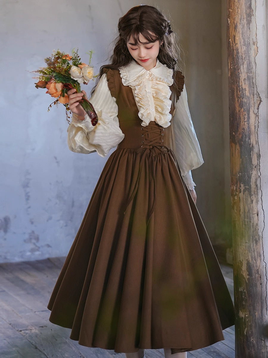 Inspired by a classic Bavarian dirndl, this dress captures the charming essence of a vintage French pastry. Crafted in a warm brown hue, it features a flattering corset-style bodice with a lace-up tie detail. The full, swingy A-line skirt offers a dramatic, playful movement, perfect for embracing the romantic and whimsical spirit of spring. This piece is for the woman who adores timeless, storybook elegance.