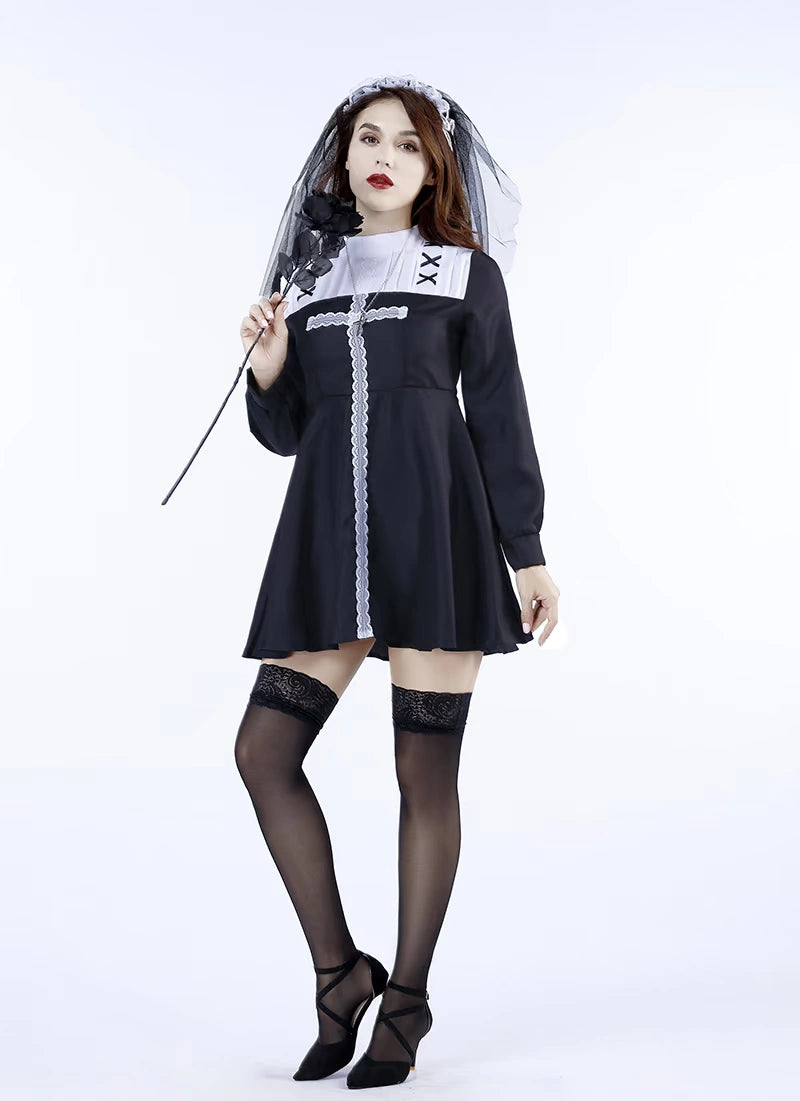 Goth Lolita Nun Dress Black Evil Vampire Ghost Oktoberfest Halloween Cosplay Dresses