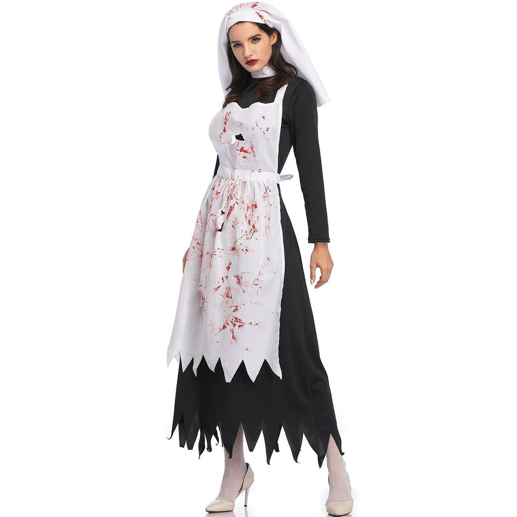 Gothic Lolita Halloween Black and White Vampire Nun Costume for Women Scary Bloody Long Dress