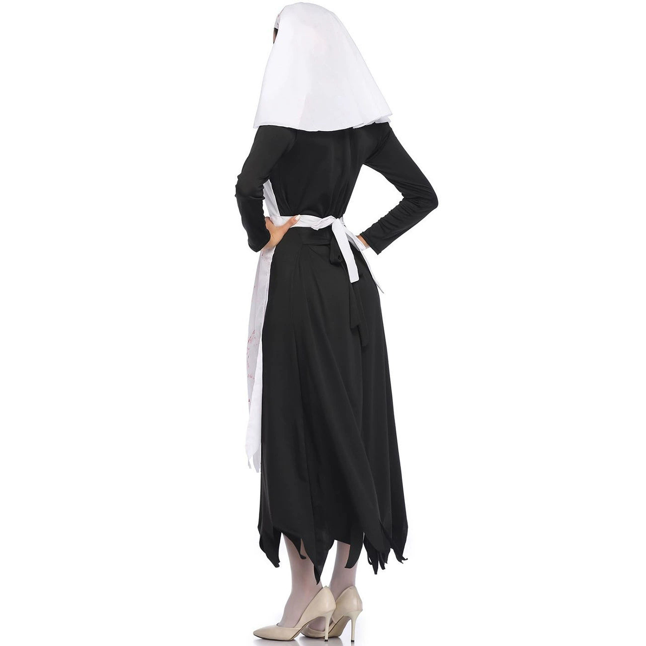 Gothic Lolita Halloween Black and White Vampire Nun Costume for Women Scary Bloody Long Dress