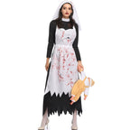 Gothic Lolita Halloween Black and White Vampire Nun Costume for Women Scary Bloody Long Dress
