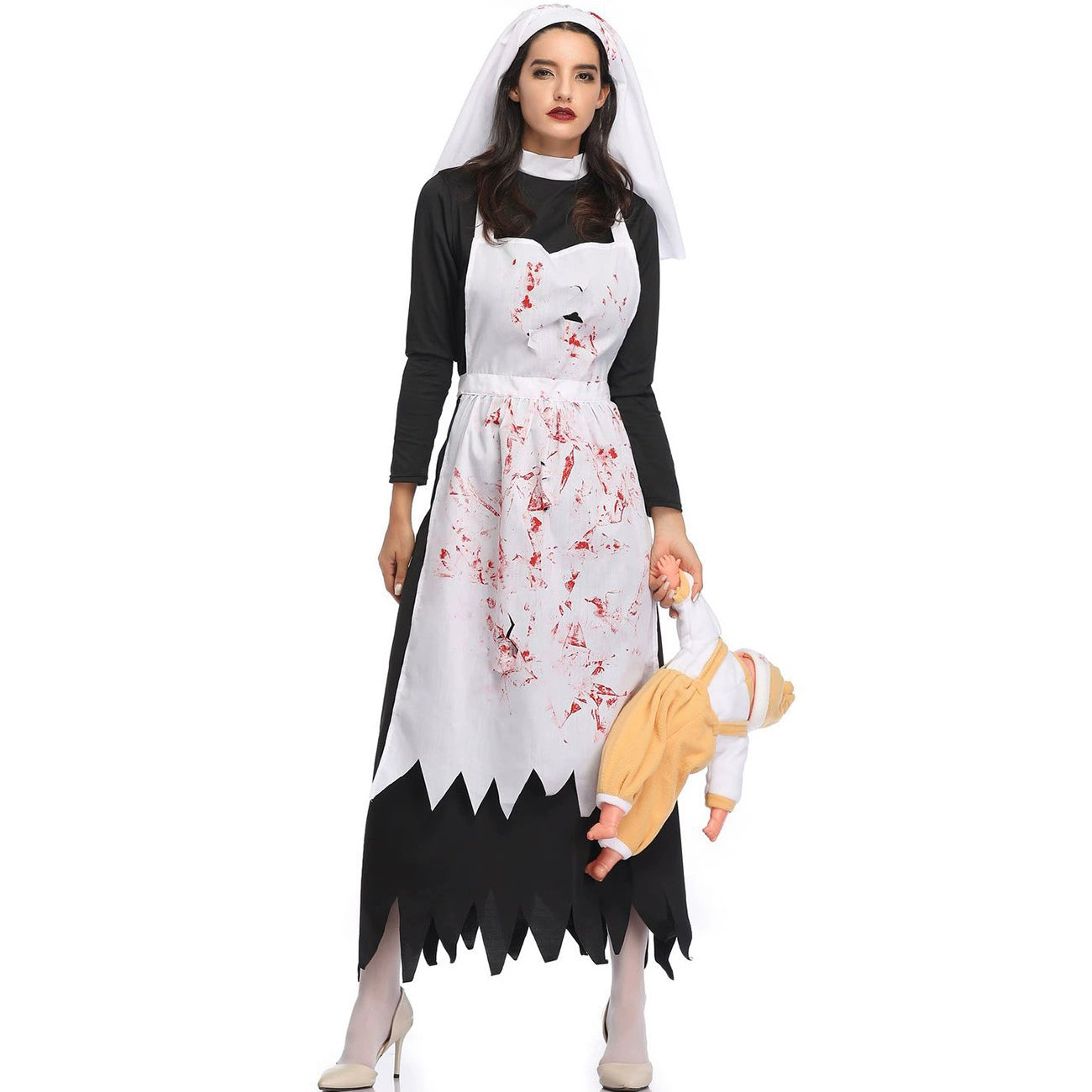 Gothic Lolita Halloween Black and White Vampire Nun Costume for Women Scary Bloody Long Dress