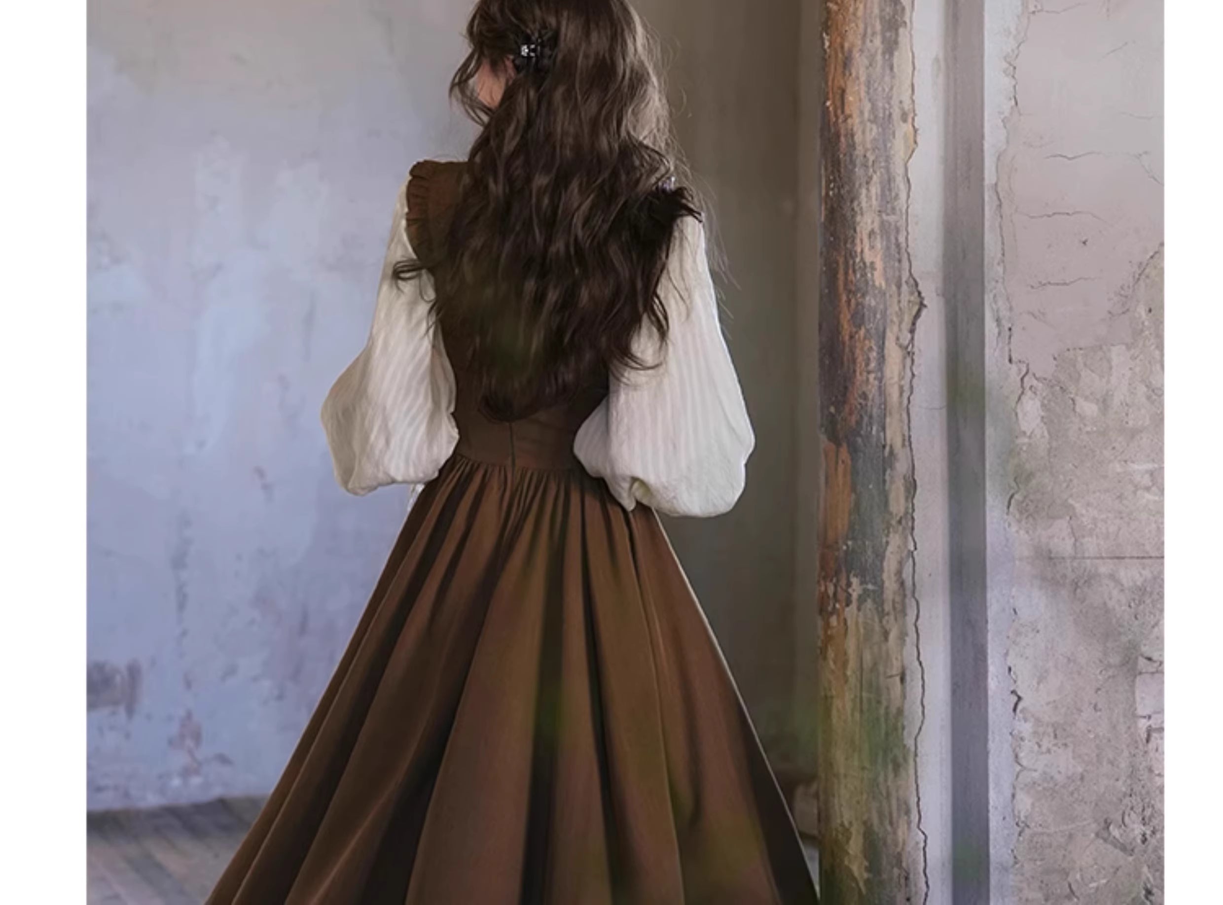 Inspired by a classic Bavarian dirndl, this dress captures the charming essence of a vintage French pastry. Crafted in a warm brown hue, it features a flattering corset-style bodice with a lace-up tie detail. The full, swingy A-line skirt offers a dramatic, playful movement, perfect for embracing the romantic and whimsical spirit of spring. This piece is for the woman who adores timeless, storybook elegance.