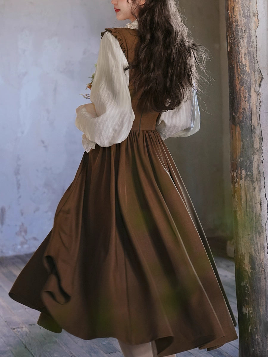 Inspired by a classic Bavarian dirndl, this dress captures the charming essence of a vintage French pastry. Crafted in a warm brown hue, it features a flattering corset-style bodice with a lace-up tie detail. The full, swingy A-line skirt offers a dramatic, playful movement, perfect for embracing the romantic and whimsical spirit of spring. This piece is for the woman who adores timeless, storybook elegance.