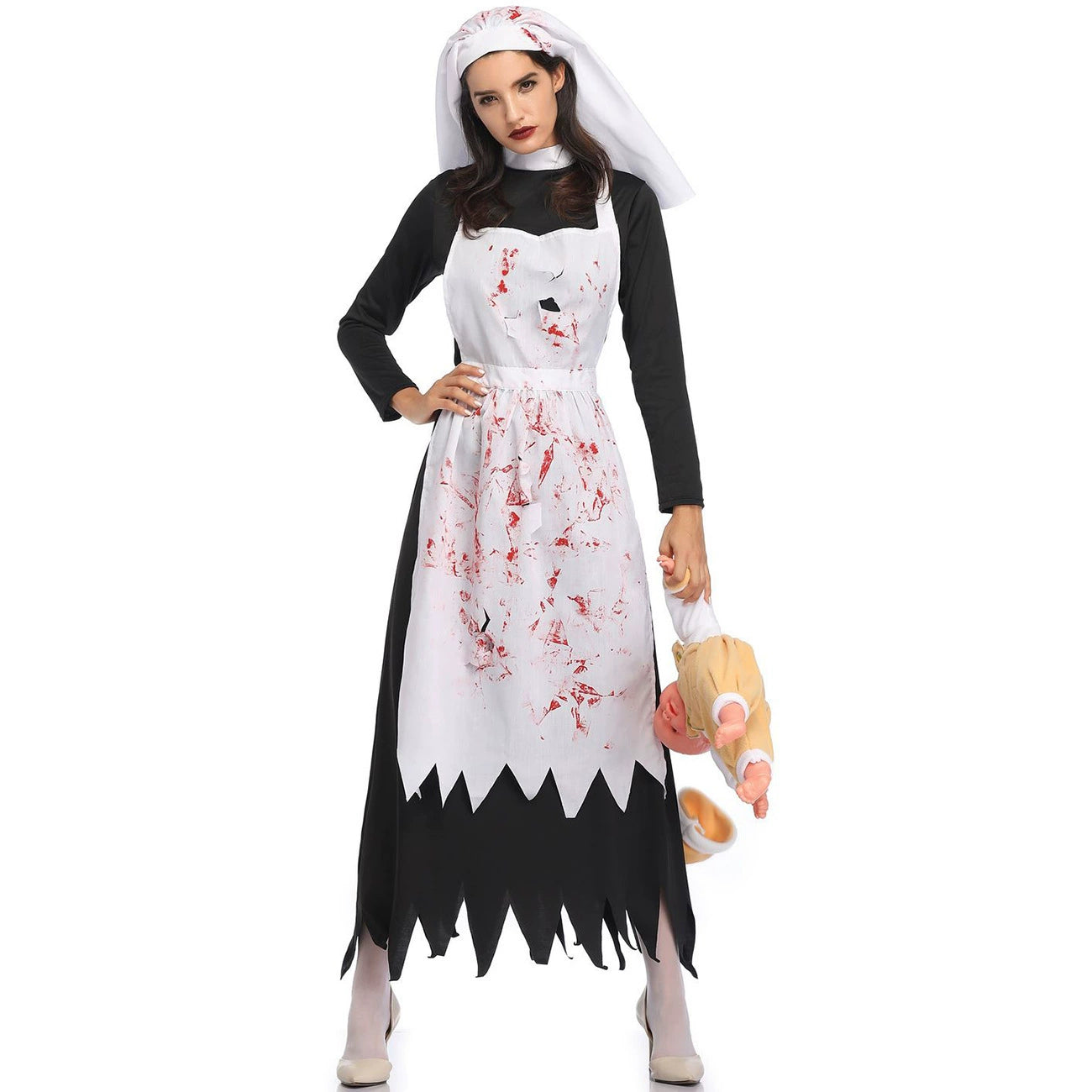 Gothic Lolita Halloween Black and White Vampire Nun Costume for Women Scary Bloody Long Dress
