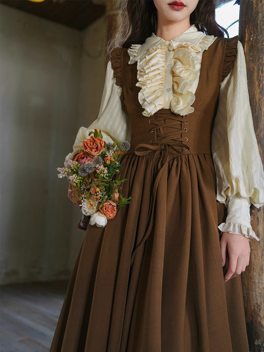 Inspired by a classic Bavarian dirndl, this dress captures the charming essence of a vintage French pastry. Crafted in a warm brown hue, it features a flattering corset-style bodice with a lace-up tie detail. The full, swingy A-line skirt offers a dramatic, playful movement, perfect for embracing the romantic and whimsical spirit of spring. This piece is for the woman who adores timeless, storybook elegance.