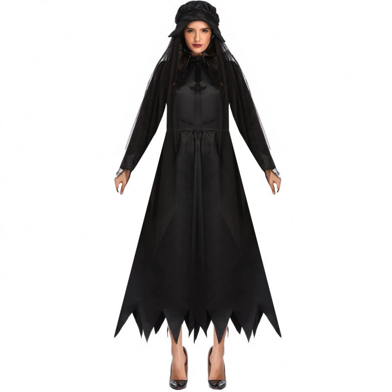 Gothic Lolita Halloween Vampire Witch Costume for Women Dark Bat Ghost Bride Cosplay Dress