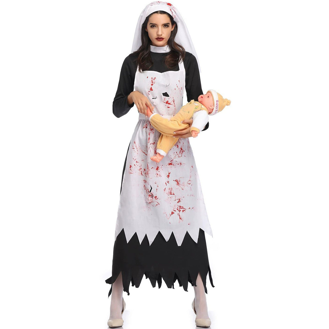 Gothic Lolita Halloween Black and White Vampire Nun Costume for Women Scary Bloody Long Dress