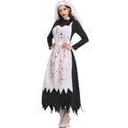Gothic Lolita Halloween Black and White Vampire Nun Costume for Women Scary Bloody Long Dress