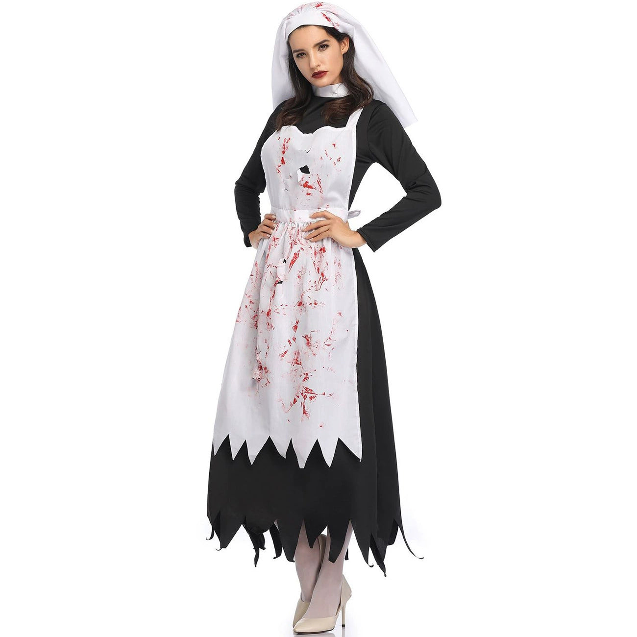Gothic Lolita Halloween Black and White Vampire Nun Costume for Women Scary Bloody Long Dress