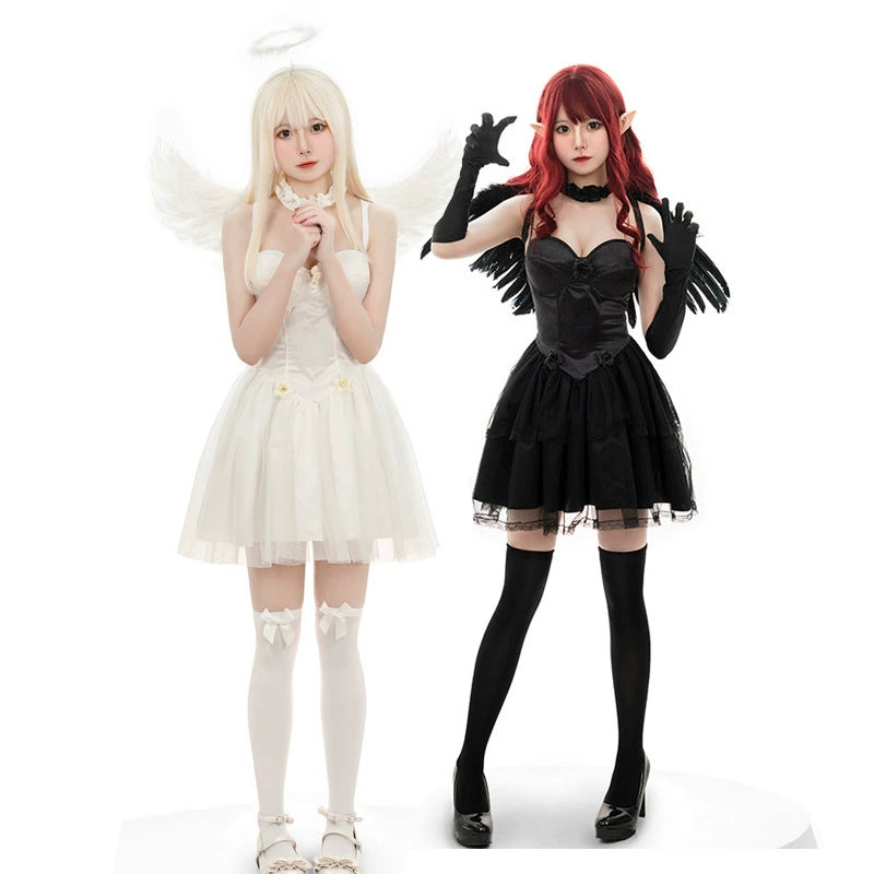 [Pre]Goth Lolita Angel Dress Black White Wing Halo Halloween Cosplay Dresses
