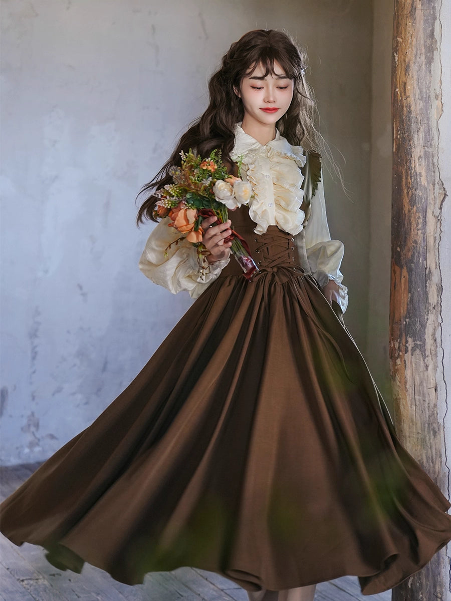 Inspired by a classic Bavarian dirndl, this dress captures the charming essence of a vintage French pastry. Crafted in a warm brown hue, it features a flattering corset-style bodice with a lace-up tie detail. The full, swingy A-line skirt offers a dramatic, playful movement, perfect for embracing the romantic and whimsical spirit of spring. This piece is for the woman who adores timeless, storybook elegance.