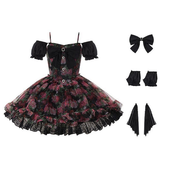 Organza Floral Print Bow Lolita Dress Detachable Puff Sleeves Romantic Lace