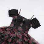Organza Floral Print Bow Lolita Dress Detachable Puff Sleeves Romantic Lace