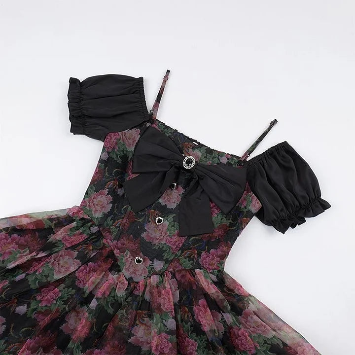 Organza Floral Print Bow Lolita Dress Detachable Puff Sleeves Romantic Lace