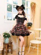 Organza Floral Print Bow Lolita Dress Detachable Puff Sleeves Romantic Lace