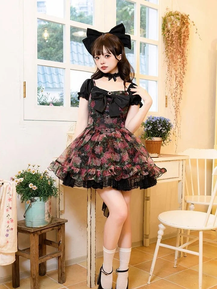 Organza Floral Print Bow Lolita Dress Detachable Puff Sleeves Romantic Lace