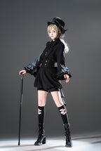 Ouji Fashion Black Dress Short Set with Ruffled Sleeves Bow Accents