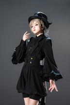 Ouji Fashion Black Dress Short Set with Ruffled Sleeves Bow Accents